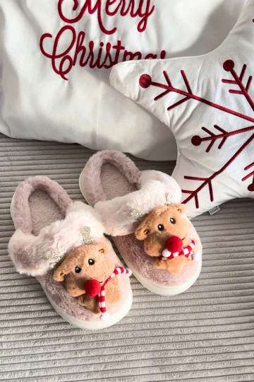 Ilianne sandfarbene Damenhausschuhe mit Reh und Fell für Weihnachten 2
