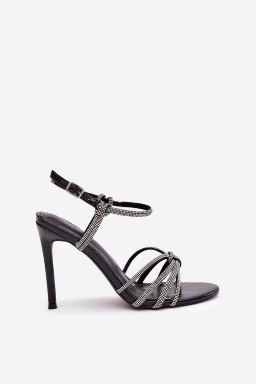 Damensandalen mit dünnen Absätzen mit Streifen Und Zirkone schZuarze Farbe Tanelle