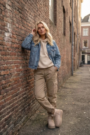 Sandfarbene Damen-Schneestiefel aus Kunstwildleder Irene