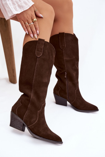 Lederne Wildleder-Damenstiefel im Cowboy-Stil, gefüttert in Schokoladenfarbe Urselle