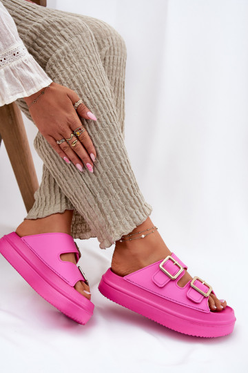 Damenhausschuhe mit einer Plattform Ze goldene Farbemi mit Schnallenmi pinke Farbe Zorila