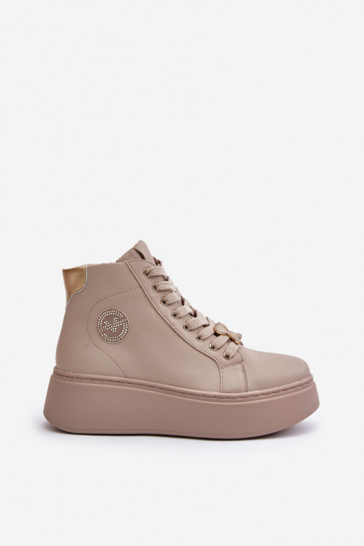 Groß Haut Sneakers Stilvollllschuhe Feminin mit einer Plattform Vinceza 66707 Beige