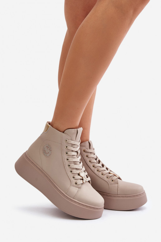 Groß Haut Sneakers Stilvollllschuhe Feminin mit einer Plattform Vinceza 66707 Beige
