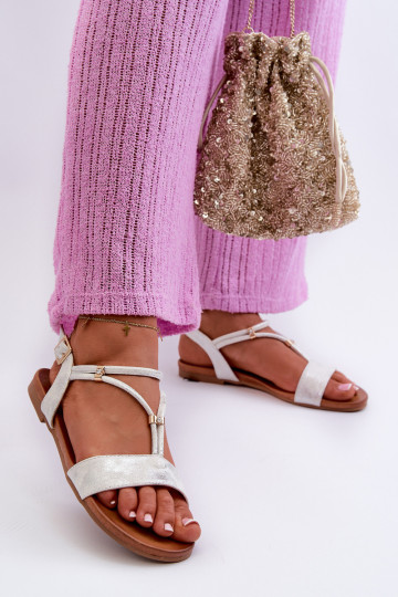 Feminin Flache Sandalen mit Streifen S.Barski KV27-010 INeiß-Silberfarbe