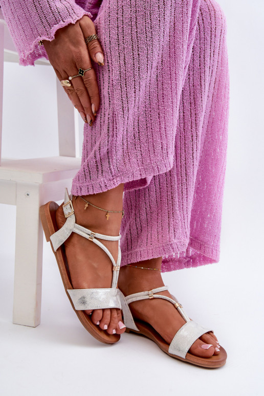 Feminin Flache Sandalen mit Streifen S.Barski KV27-010 INeiß-Silberfarbe