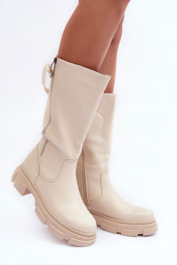 Elfenbeinfarbene Stiefel bis zur Wade "Lizames"