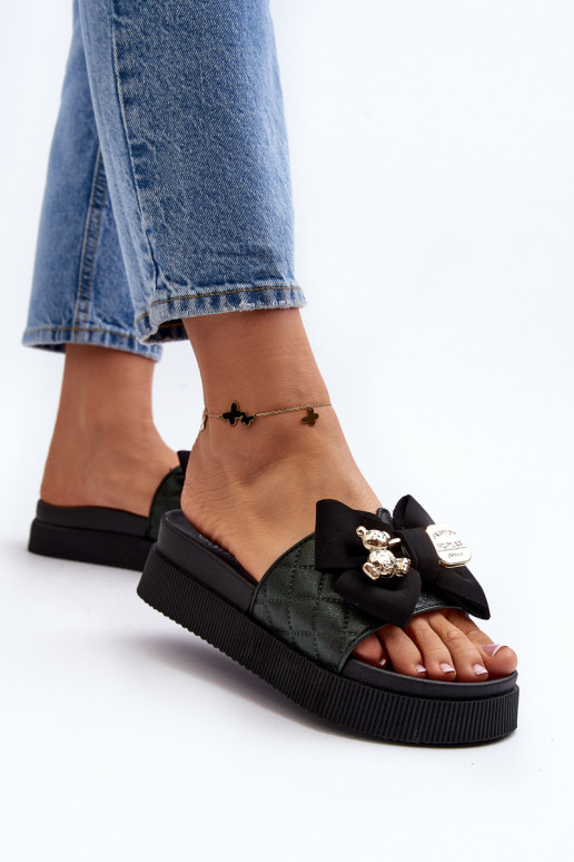 Feminin Hausschuhe mit Bändern i Teddybärenm schZuarze Farbe Katterina