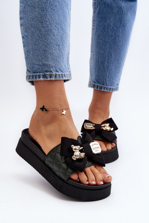 Feminin Hausschuhe mit Bändern i Teddybärenm schZuarze Farbe Katterina