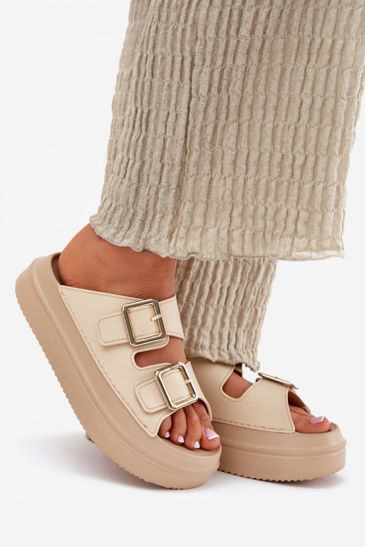 Damenhausschuhe mit einer Plattform Ze goldene Farbemi mit Schnallenmi Beige Zorila