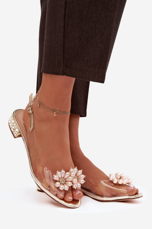 Durchschauen Sandalen Auf niedrigem Absatz Mit Dekorationeni Detalami D&A MR52-229 goldene Farbe