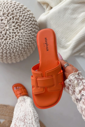 Damenpantoletten mit breiten Absätzen in orangefarbener Farbe „Lorania"