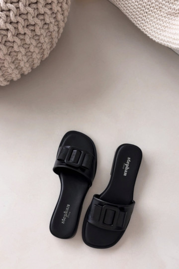 Damenhausschuhe mit breiten Absätzen mit Schnallen schZuarze Farbe Melivra 2