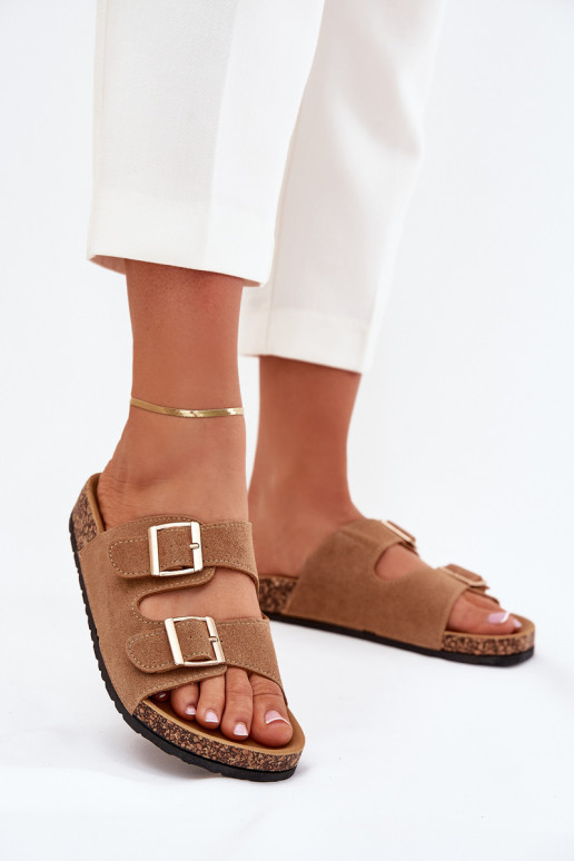 Damenhausschuhe Ze goldene Farbemi mit Schnallenmi I Przeszyciami braune Farbe Lunera