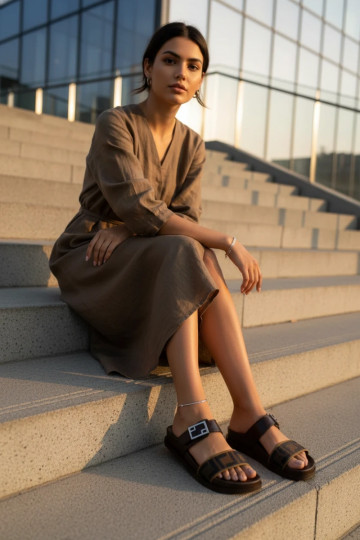 Damen Slipper mit goldenen Schnallen, braun 2