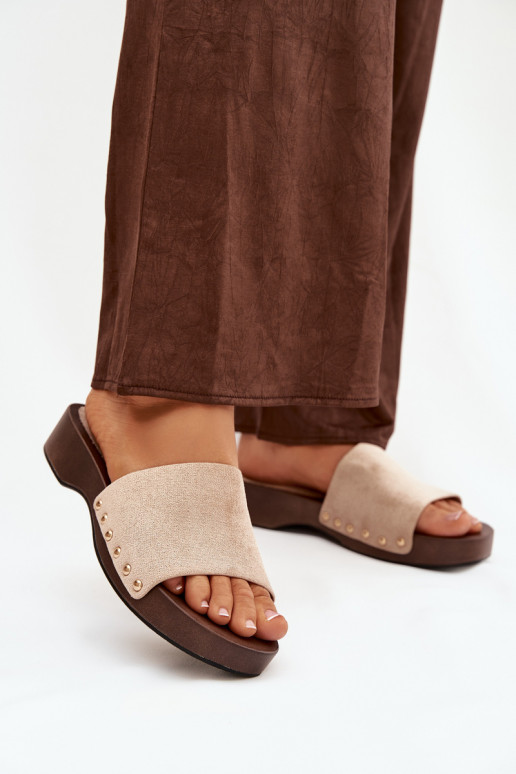 Damenhausschuhe Ze goldene Farbemi Stollen Beige Ferinna