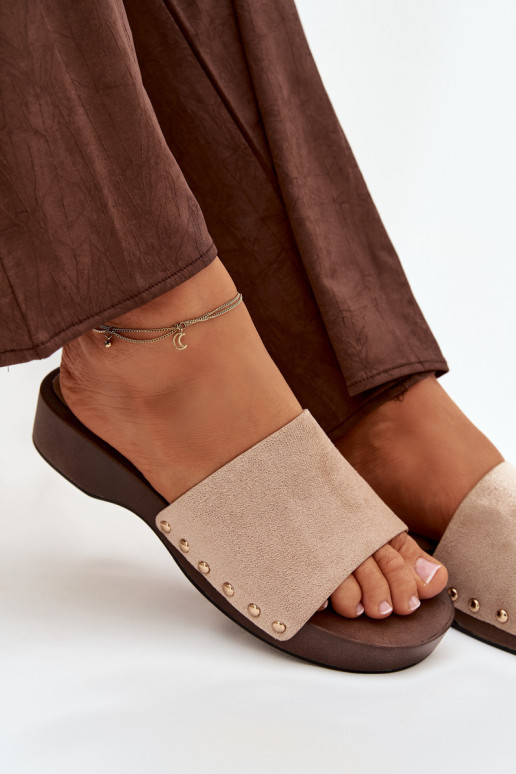 Damenhausschuhe Ze goldene Farbemi Stollen Beige Ferinna