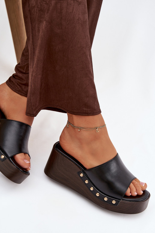 Damenhausschuhe Auf einem Keil Ze goldene Farbemi Stollen schZuarze Farbe Arionne