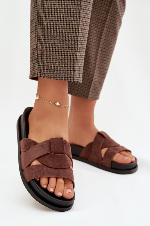 Damenhausschuhe aus Öko-INildlederoZue mit Streifen dunkelbraun Es mussrivessa