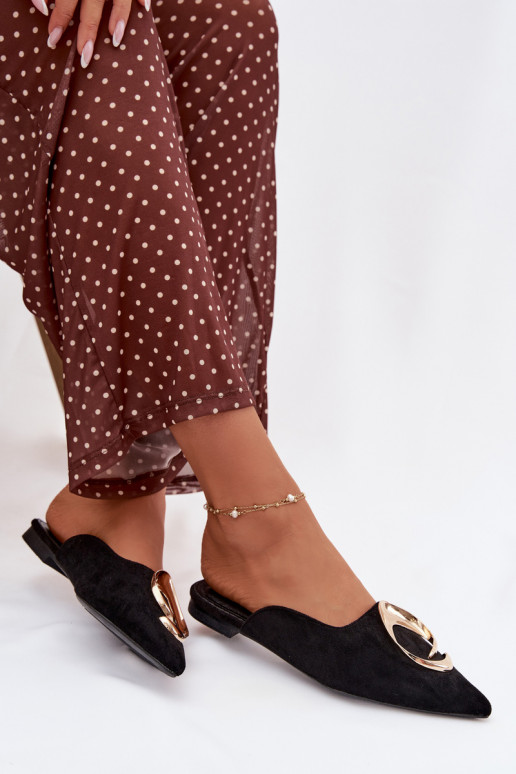 Damenhausschuhe Mule Mit Dekorationen goldene Farbem Detalem schZuarze Farbe Galvella