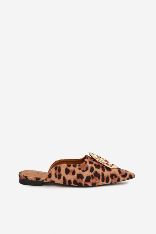 Damenhausschuhe Mule Mit Dekorationen goldene Farbem Detalem mit Leopardenfellmuster Galvella
