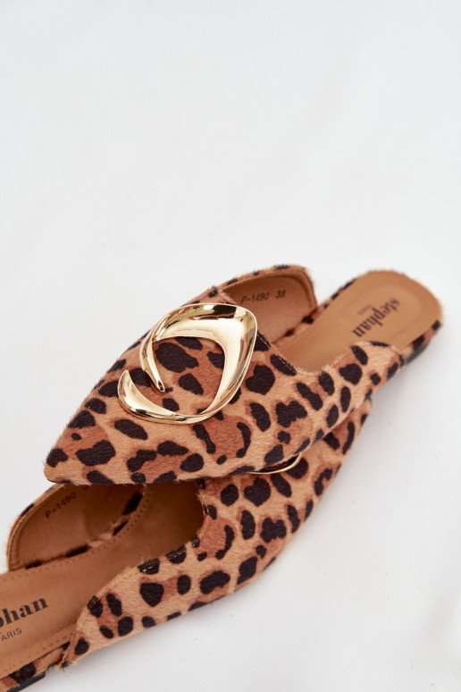 Damenhausschuhe Mule Mit Dekorationen goldene Farbem Detalem mit Leopardenfellmuster Galvella