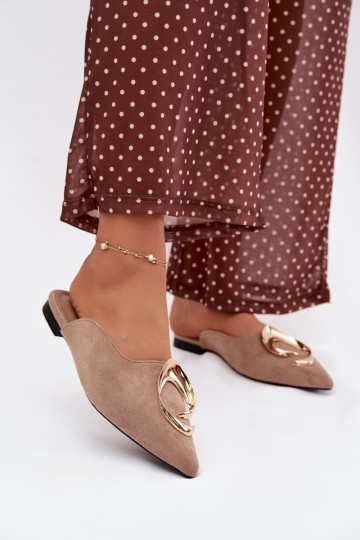 Damenhausschuhe Mule Mit Dekorationen goldene Farbem Detalem Beige Galvella 2