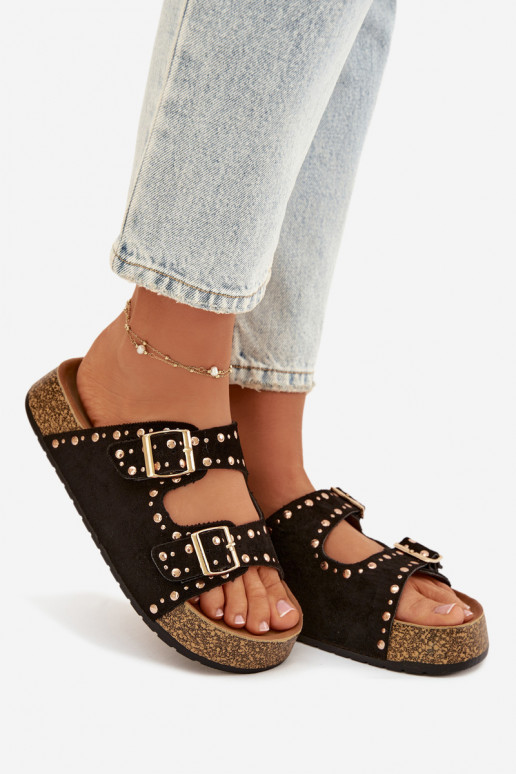 Damenhausschuhe Ze goldene Farbemi mit Schnallenmi Und Stollen schZuarze Farbe Tervina