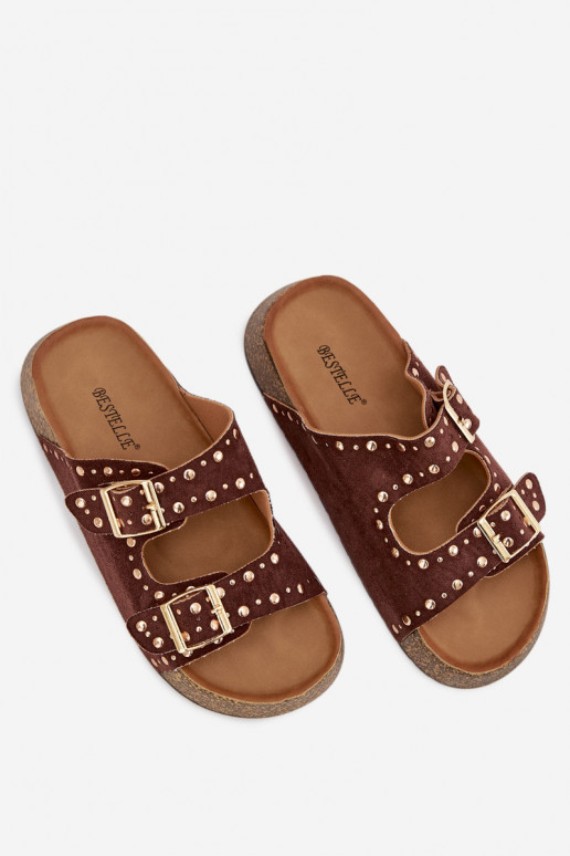 Damenhausschuhe Ze goldene Farbemi mit Schnallenmi Und Stollen braune Farbe Tervina