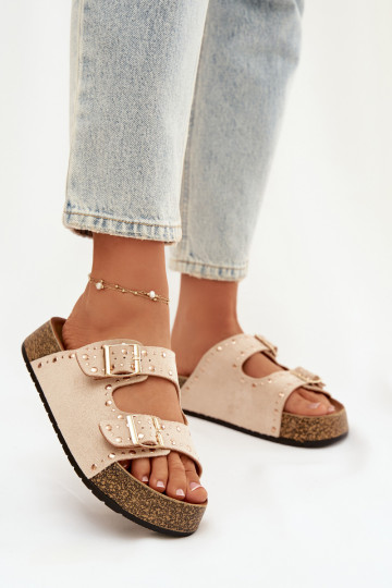 Damenhausschuhe Ze goldene Farbemi mit Schnallenmi Und Stollen elfenbeinfarbe Tervina