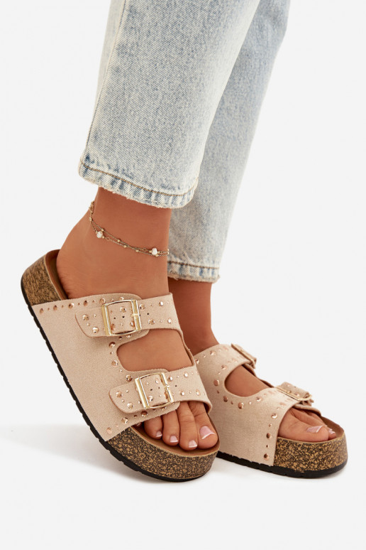 Damenhausschuhe Ze goldene Farbemi mit Schnallenmi Und Stollen elfenbeinfarbe Tervina