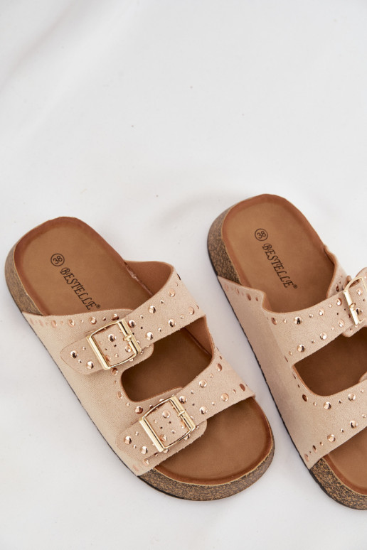 Damenhausschuhe Ze goldene Farbemi mit Schnallenmi Und Stollen elfenbeinfarbe Tervina