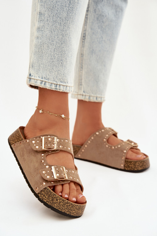 Damenhausschuhe Ze goldene Farbemi mit Schnallenmi Und Stollen Khaki-Farbe Tervina