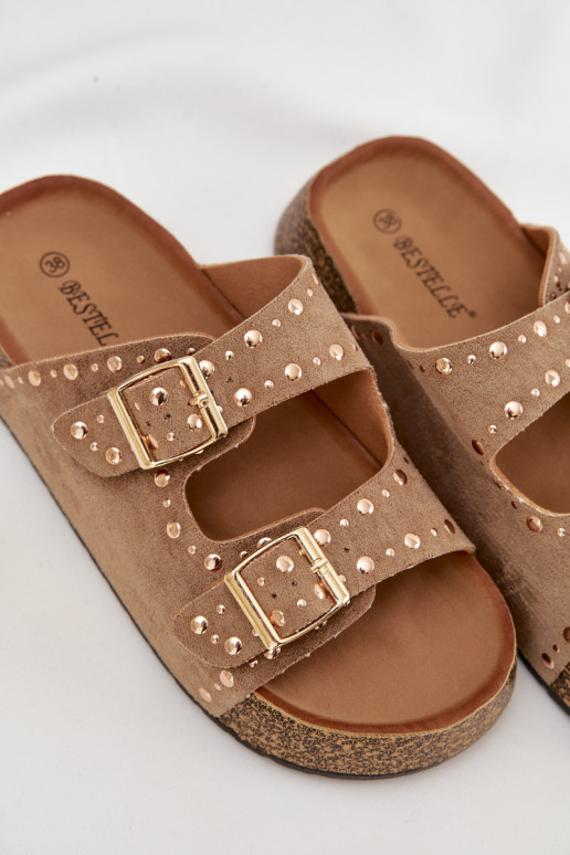 Damenhausschuhe Ze goldene Farbemi mit Schnallenmi Und Stollen Khaki-Farbe Tervina