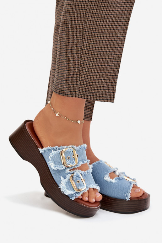 Damenhausschuhe mit einer Plattform Ze goldene Farbemi mit Schnallenmi blaue Farbe Renelisse