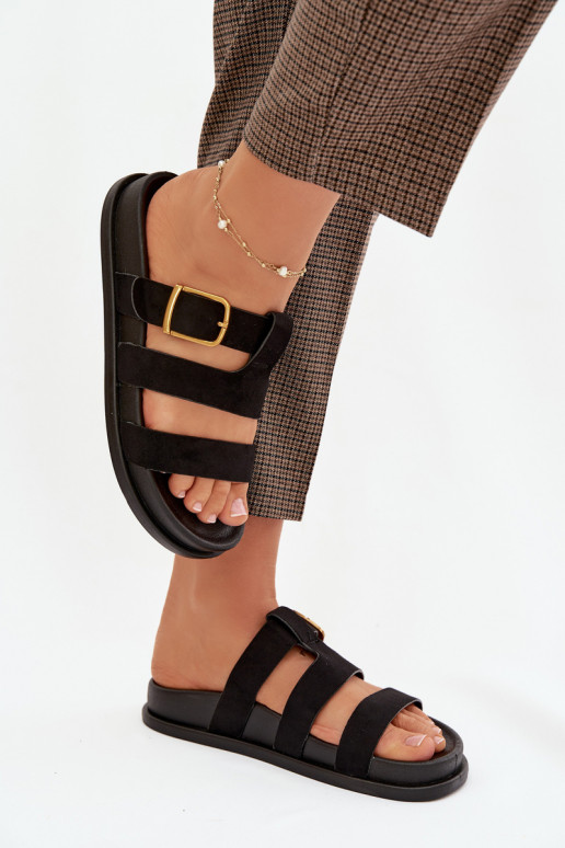 Damenhausschuhe mit Streifen I Złotą mit Schnallen schZuarze Farbe Ulirissa