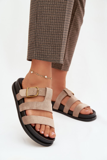 Damen-Pantoletten mit Riemchen in Goldfarbe und Sand-Schnallen
