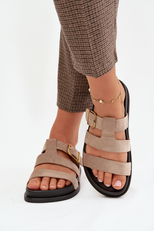 Damenhausschuhe mit Streifen I Złotą mit Schnallen Beige Ulirissa