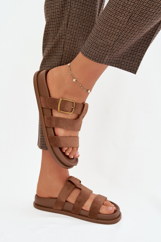 Damenhausschuhe mit Streifen I Złotą mit Schnallen braune Farbe Ulirissa