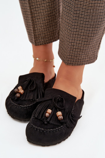 Damen-Mules mit Fransen in korallenrot und Schwarz