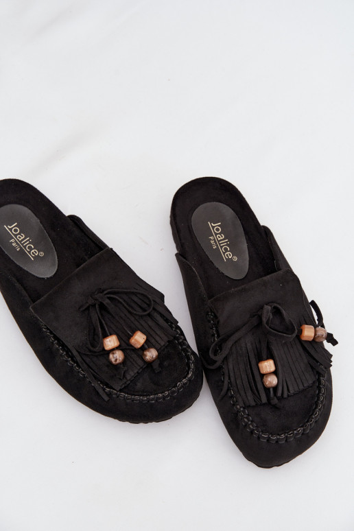 Damenhausschuhe Mule mit Fransen I Korallenfarbeikami schZuarze Farbe Belissa