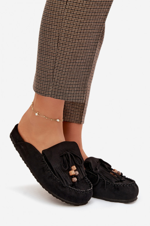 Damenhausschuhe Mule mit Fransen I Korallenfarbeikami schZuarze Farbe Belissa