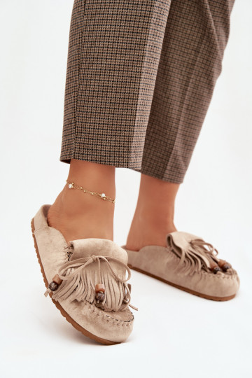 Damenhausschuhe Mule mit Fransen I Korallenfarbeikami Beige Belissa 2