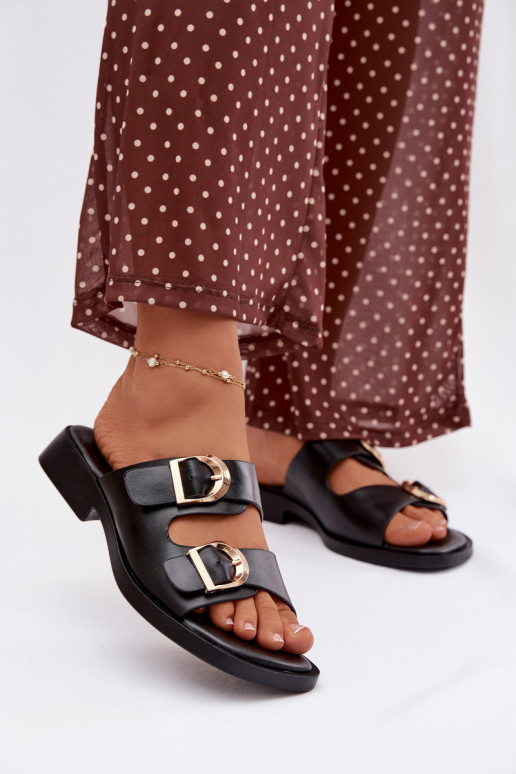 Damenhausschuhe Ze goldene Farbemi mit Schnallenmi schZuarze Farbe Danelle