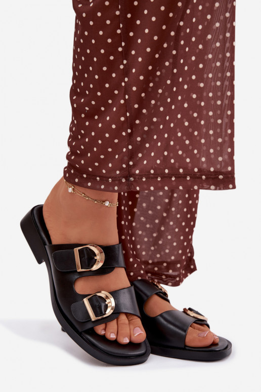 Damenhausschuhe Ze goldene Farbemi mit Schnallenmi schZuarze Farbe Danelle