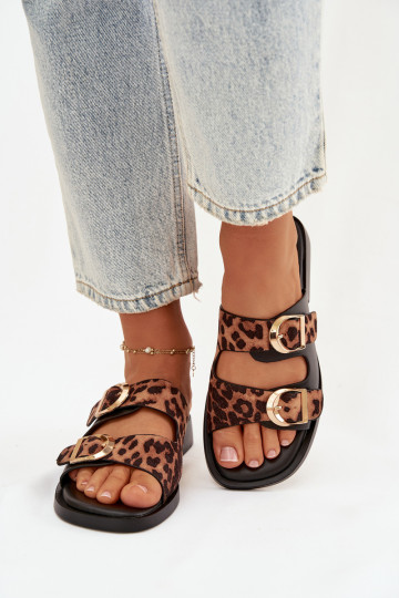 Damenhausschuhe Ze goldene Farbemi mit Schnallenmi mit Leopardenfellmuster schZuarz und braun Danelle 2