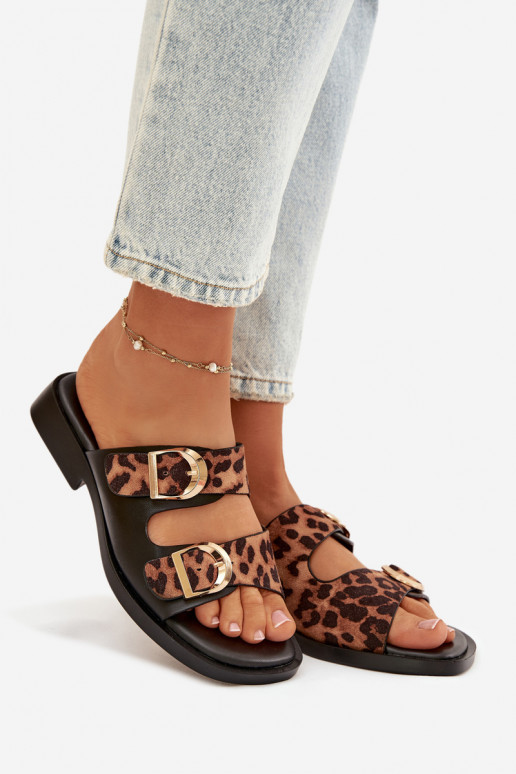 Damenhausschuhe Ze goldene Farbemi mit Schnallenmi mit Leopardenfellmuster schZuarz und braun Danelle