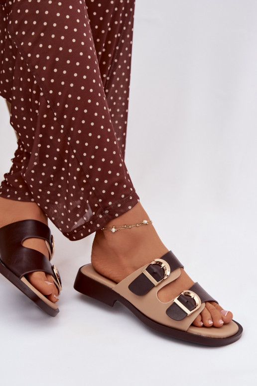 Damenhausschuhe Ze goldene Farbemi mit Schnallenmi Beige-braune Farbe Danelle