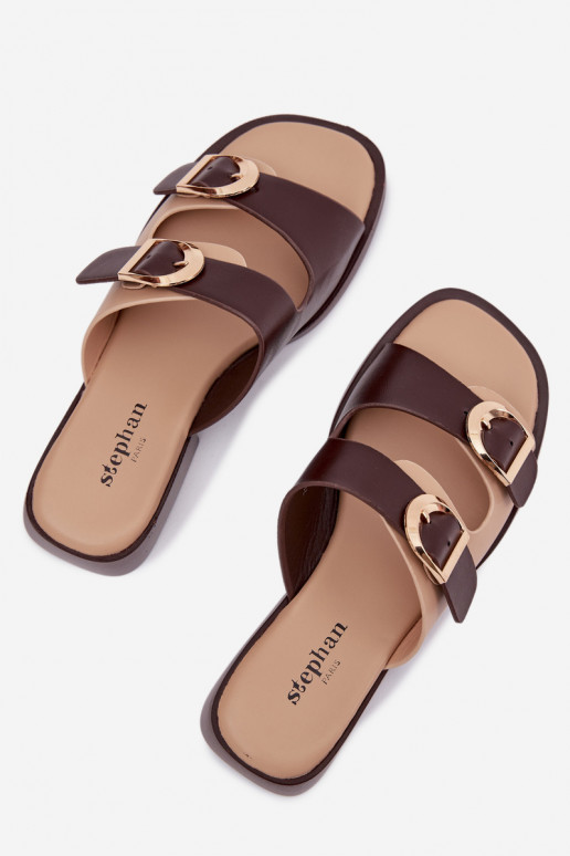 Damenhausschuhe Ze goldene Farbemi mit Schnallenmi Beige-braune Farbe Danelle