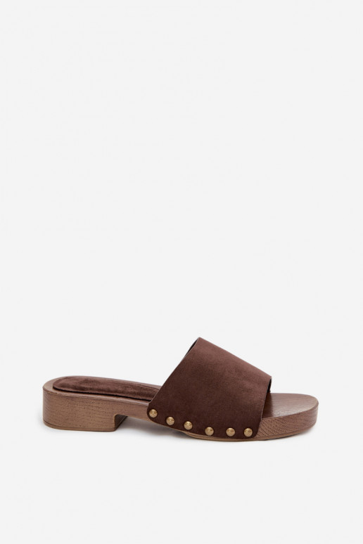 Damenhausschuhe mit breiten Absätzen Ze goldene Farbemi Stollen CzekoladoZue Girella