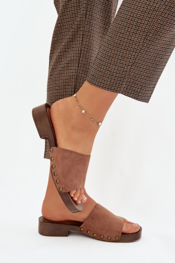 Damenhausschuhe mit breiten Absätzen Ze goldene Farbemi Stollen braune Farbe Girella